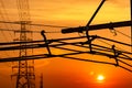High voltage electric pole and transmission lines in the evening. Electricity pylons at sunset. Power and energy. Energy Royalty Free Stock Photo