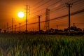 High voltage electric pole and transmission lines at sunset time with orange and red sky and clouds. Architecture. Silhouette Royalty Free Stock Photo