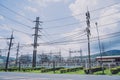 High voltage electric power plant current distribution substation Royalty Free Stock Photo