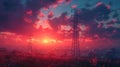 A high voltage electric tower stands against the twilight, illuminated by the settin Royalty Free Stock Photo