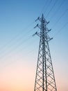 High voltage electric tower and wires - sunset Royalty Free Stock Photo