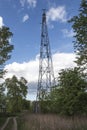 High voltage electric traction pole built on a solid foundation in Bydgoszcz, near the Vistula River