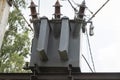 High-voltage electric transformer on power concrete pole Royalty Free Stock Photo