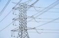 High voltage electric transmission tower. High voltage power lines against the sky. Electricity pylon and electric power Royalty Free Stock Photo