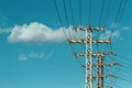 High voltage electric transmission towers and high voltage power lines over blue sky background Royalty Free Stock Photo