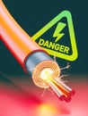 high-voltage electrical cable with exposed, sparking wires, set against a danger sign, emphasizing electrical hazard and power Royalty Free Stock Photo