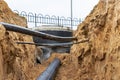 The high voltage electrical cable is laid in a trench under existing engineering sewerage networks. Laying a high voltage cable Royalty Free Stock Photo