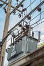 High voltage electrical insulation power substation, Shoot from a view below close up. Transformer power poles