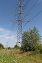 High-voltage electrical insulator electric line against the blue sky. In a natural landscape with grass and trees Royalty Free Stock Photo