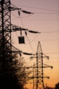 High voltage electrical line at dawn, many pillars with electrical wires