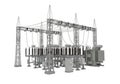 High-voltage electrical substation with transformers and overhead structure Royalty Free Stock Photo
