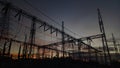 High Voltage Electrical Switchyard at Substation During Sunset Royalty Free Stock Photo