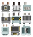 High voltage electrical transformers and isolators. Energy substations. Power supply icon set isolated on white Royalty Free Stock Photo