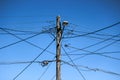 High voltage electricity pole with complex wiring, street lamp and blue sky Royalty Free Stock Photo