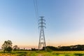 High voltage electricity post in rice filed with sunset sky background Royalty Free Stock Photo