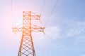 High-voltage electricity pylon with blue clear sky on background. Energy transmission