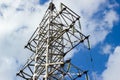 High voltage electricity pylons and transmission power lines on the blue sky and clouds background Royalty Free Stock Photo