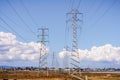 High voltage electricity towers and power lines on the shores of San Francisco Bay, Palo Alto, California Royalty Free Stock Photo