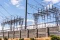 High voltage electricity towers and power lines at a transmission substation in South San Francisco Bay Area; San Jose, California Royalty Free Stock Photo