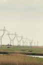 High voltage line with electricity pylons surrounded by cultivated fields. Royalty Free Stock Photo