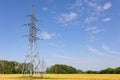 High voltage line with pillars against the background of the field, forest and sky. Summer photo Royalty Free Stock Photo