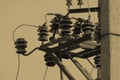 High voltage line visible protective supports, racks, cups, high voltage fuses Royalty Free Stock Photo