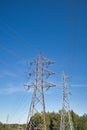 High voltage lines and power pylons against blue sky Royalty Free Stock Photo