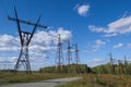 High voltage lines and power pylons in a agricultural landscape on a sunny day with white clouds in the blue sky Royalty Free Stock Photo