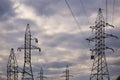 High voltage pillars against a stormy sky Royalty Free Stock Photo