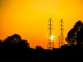 High voltage pole on Sunset Background Line Power Utility Tower Electric Voltage Transmission Energy Station Distribution, Royalty Free Stock Photo