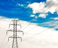 high voltage pole transmission tower of electricity with eight wires on cloudy blue sky. Horizontal picture Royalty Free Stock Photo