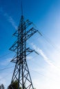 High-voltage pole wires power lines at sunset electricity distribution station.high voltage electric transmission tower Royalty Free Stock Photo