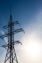 High-voltage pole wires power lines at sunset electricity distribution station.high voltage electric transmission tower Royalty Free Stock Photo