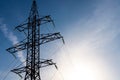 High-voltage pole wires power lines at sunset electricity distribution station.high voltage electric transmission tower Royalty Free Stock Photo