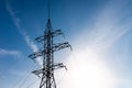 High-voltage pole wires power lines at sunset electricity distribution station.high voltage electric transmission tower Royalty Free Stock Photo