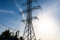 High-voltage pole wires power lines at sunset electricity distribution station.high voltage electric transmission tower Royalty Free Stock Photo