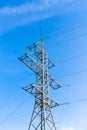 High-voltage pole wires power lines at sunset electricity distribution station.high voltage electric transmission tower Royalty Free Stock Photo