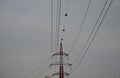 The high voltage poles are painted white and red stripes. The plastic balls on the wires are used as a safety feature to highlight