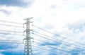 High voltage post with blue sky, selective focus point. Royalty Free Stock Photo