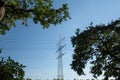 High voltage post and electric cable against sunny blue sky between tree. Royalty Free Stock Photo