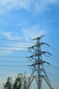 A High voltage post, and electrical transmission tower with high voltage lines under the blue sky background. Royalty Free Stock Photo