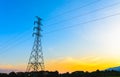 High voltage post,Electricity pylons and lines at sunset. Royalty Free Stock Photo