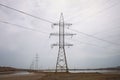 high voltage post. High-voltage tower sky background . transmission line tower on blue sky . high voltage pole, sunset Royalty Free Stock Photo