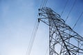 High voltage post with sunlight blue sky background Royalty Free Stock Photo