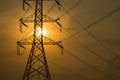 high voltage post,High voltage tower sky sunset background Royalty Free Stock Photo