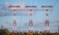 high voltage post. Tree High voltage towers. Group of transmission towers or power tower, electricity pylon Royalty Free Stock Photo