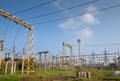 A high-voltage power electrical substation. Power lines, poles, ceramic and glass insulators, lightning arresters, sulfur Royalty Free Stock Photo