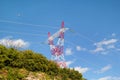 High voltage power electrical transmission tower and electricity pole / Electric distribution of the transmission line. Royalty Free Stock Photo