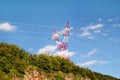 High voltage power electrical transmission tower and electricity pole / Electric distribution of the transmission line. Royalty Free Stock Photo