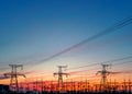 High voltage power grid, in the sunset.